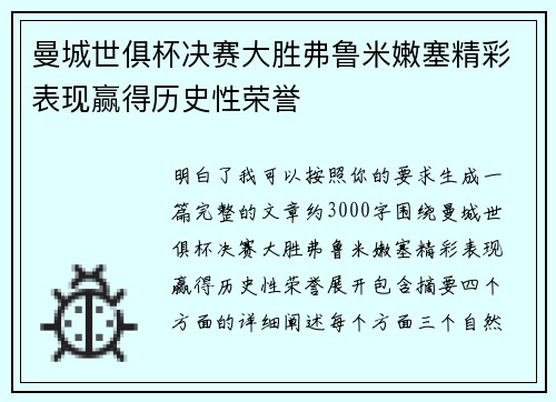 曼城世俱杯决赛大胜弗鲁米嫩塞精彩表现赢得历史性荣誉